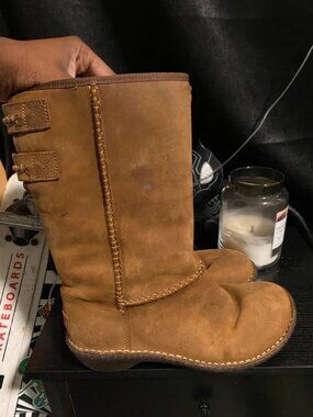 UGG Haywell Tan Leather Shearling Mid-Calf Boots